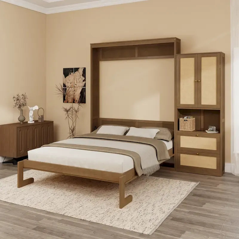 Rattan Door Murphy Bed with Side Cabinet – Full or Queen, Walnut Finish