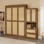 Rattan Door Murphy Bed with Side Cabinet – Full or Queen, Walnut Finish