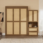 Rattan Door Murphy Bed with Side Cabinet – Full or Queen, Walnut Finish