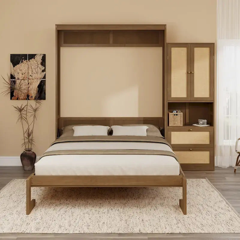 Rattan Door Murphy Bed with Side Cabinet – Full or Queen, Walnut Finish
