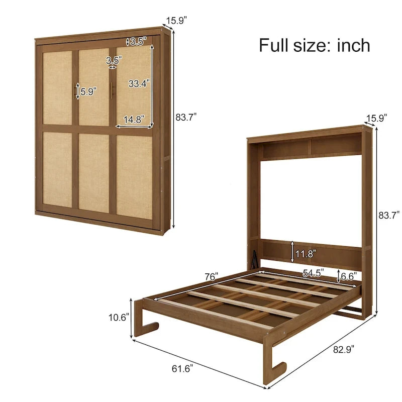 Rattan Door Murphy Bed with Side Cabinet – Full or Queen, Walnut Finish