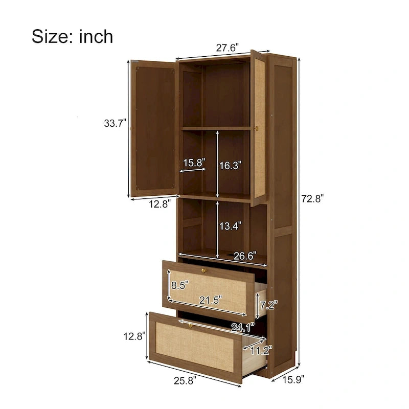 Rattan Door Murphy Bed with Side Cabinet – Full or Queen, Walnut Finish