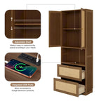 Rattan Door Murphy Bed with Side Cabinet – Full or Queen, Walnut Finish
