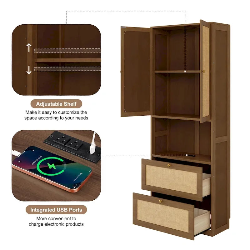 Rattan Door Murphy Bed with Side Cabinet – Full or Queen, Walnut Finish