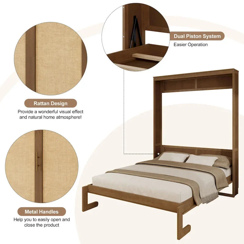 Rattan Door Murphy Bed with Side Cabinet – Full or Queen, Walnut Finish