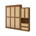 Rattan Door Murphy Bed with Side Cabinet – Full or Queen, Walnut Finish