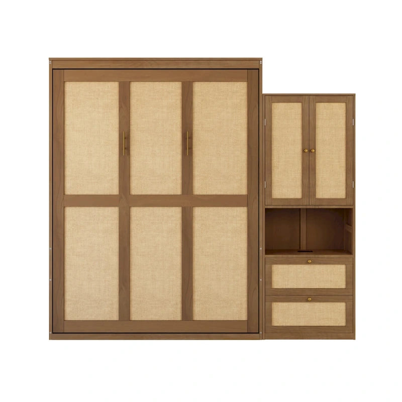 Rattan Door Murphy Bed with Side Cabinet – Full or Queen, Walnut Finish