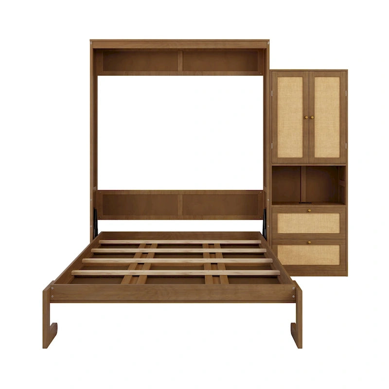 Rattan Door Murphy Bed with Side Cabinet – Full or Queen, Walnut Finish