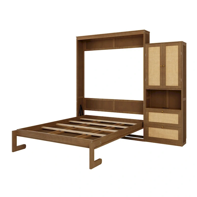 Rattan Door Murphy Bed with Side Cabinet – Full or Queen, Walnut Finish