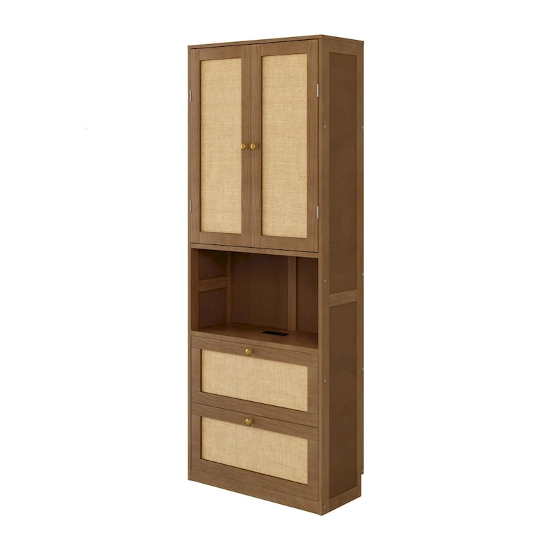 Rattan Door Murphy Bed with Side Cabinet – Full or Queen, Walnut Finish