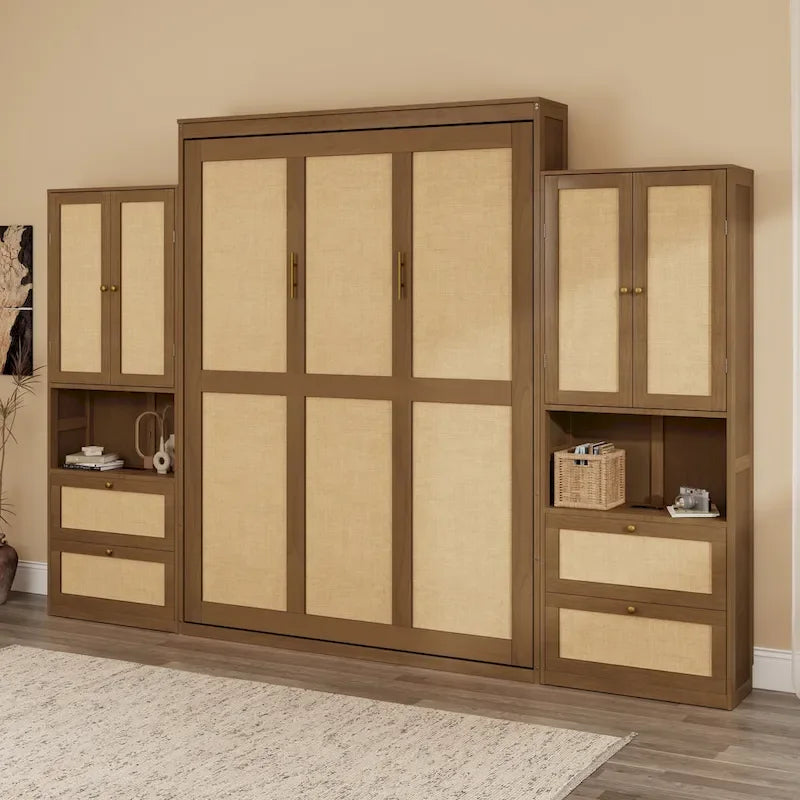 Rattan Door Murphy Bed with Side Cabinet – Full or Queen, Walnut Finish