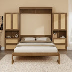 Rattan Door Murphy Bed with Side Cabinet – Full or Queen, Walnut Finish