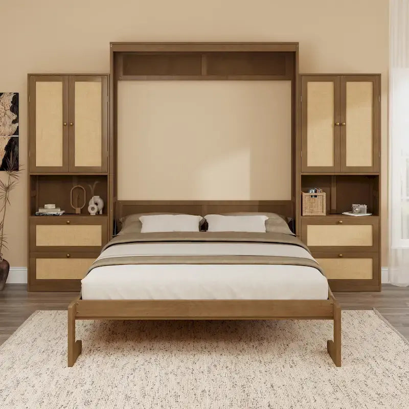 Rattan Door Murphy Bed with Side Cabinet – Full or Queen, Walnut Finish