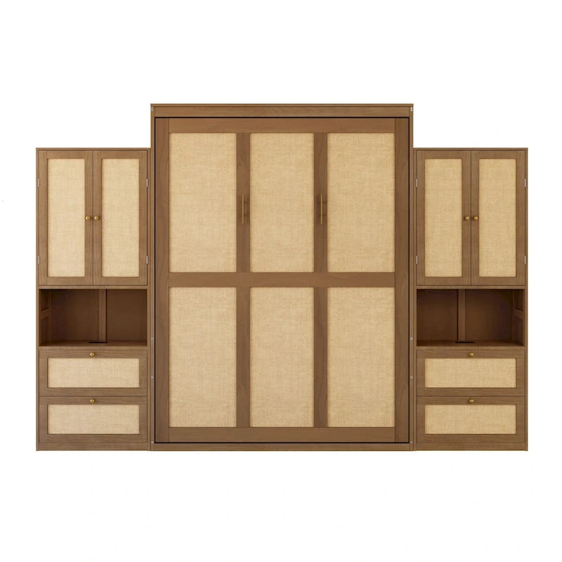 Rattan Door Murphy Bed with Side Cabinet – Full or Queen, Walnut Finish
