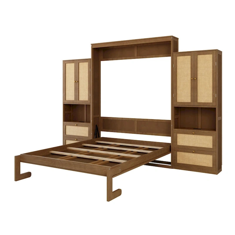 Rattan Door Murphy Bed with Side Cabinet – Full or Queen, Walnut Finish