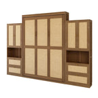 Rattan Door Murphy Bed with Side Cabinet – Full or Queen, Walnut Finish