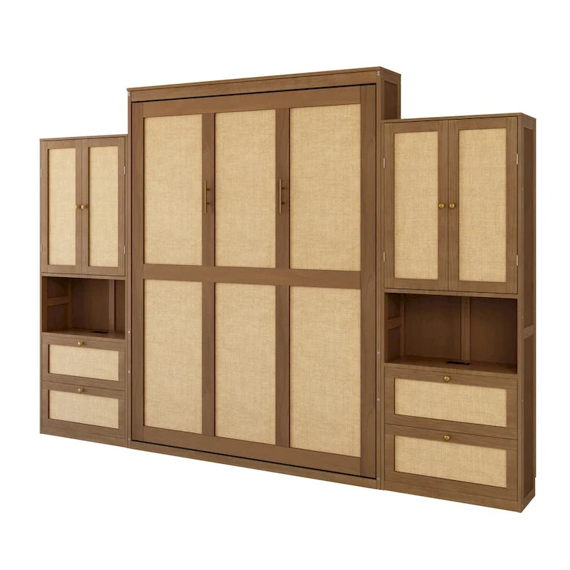 Rattan Door Murphy Bed with Side Cabinet – Full or Queen, Walnut Finish