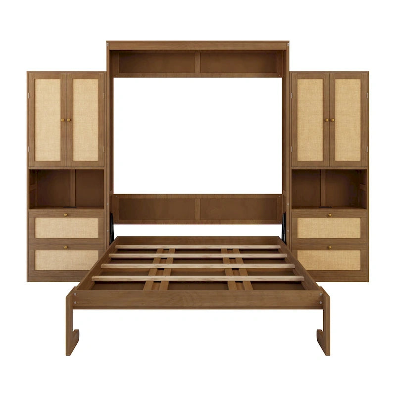 Rattan Door Murphy Bed with Side Cabinet – Full or Queen, Walnut Finish