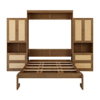 Rattan Door Murphy Bed with Side Cabinet – Full or Queen, Walnut Finish