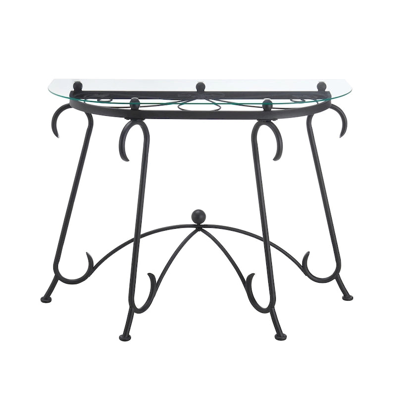 Semi-Circular Tempered Glass Console Table with Matte Black Metal Frame