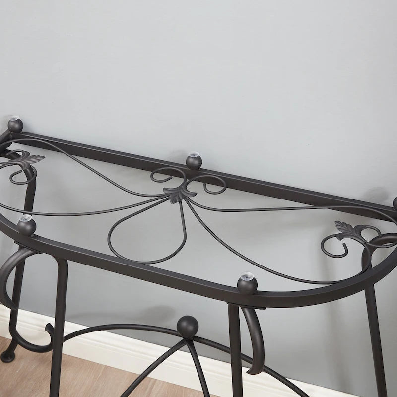 Semi-Circular Tempered Glass Console Table with Matte Black Metal Frame