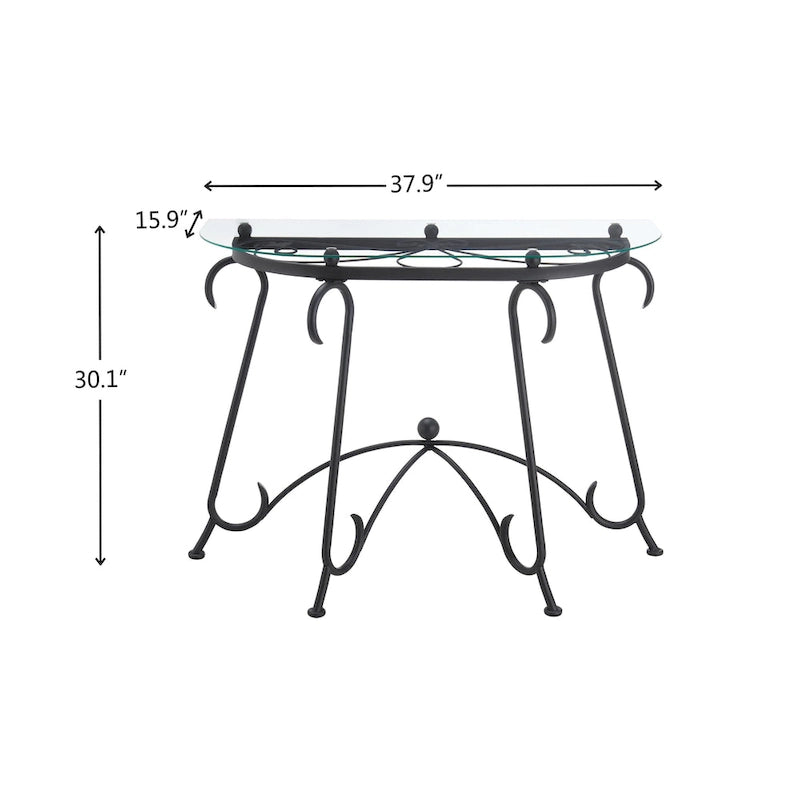 Semi-Circular Tempered Glass Console Table with Matte Black Metal Frame