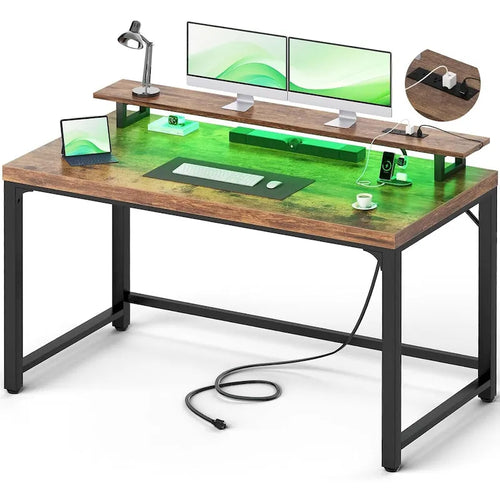 55-inch Computer Desk with LED Light, Power Outlets & USB Ports – 1.5-inch Thick Desktop