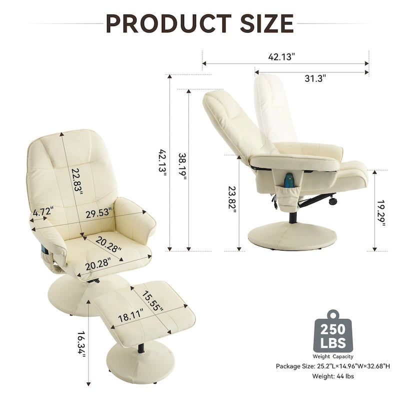 PU Leather 360 Swivel Massage Recliner Chair with Ottoman, Massage and Heated Seat, 140 Adjustable Backrest