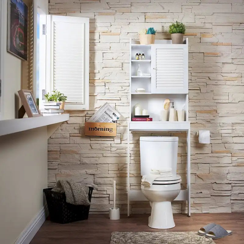 Over-Toilet Space-Saver Cabinet with 7 Shelves – White, MDF & Veneer, 23.5W x 6.5D x 67H in