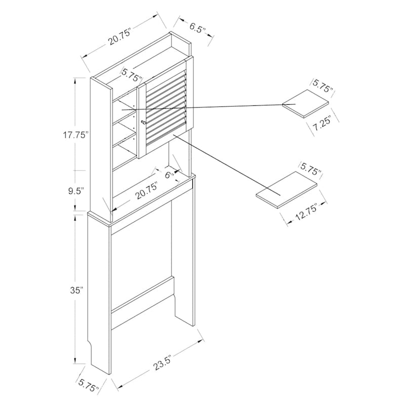 Over-Toilet Space-Saver Cabinet with 7 Shelves – White, MDF & Veneer, 23.5W x 6.5D x 67H in