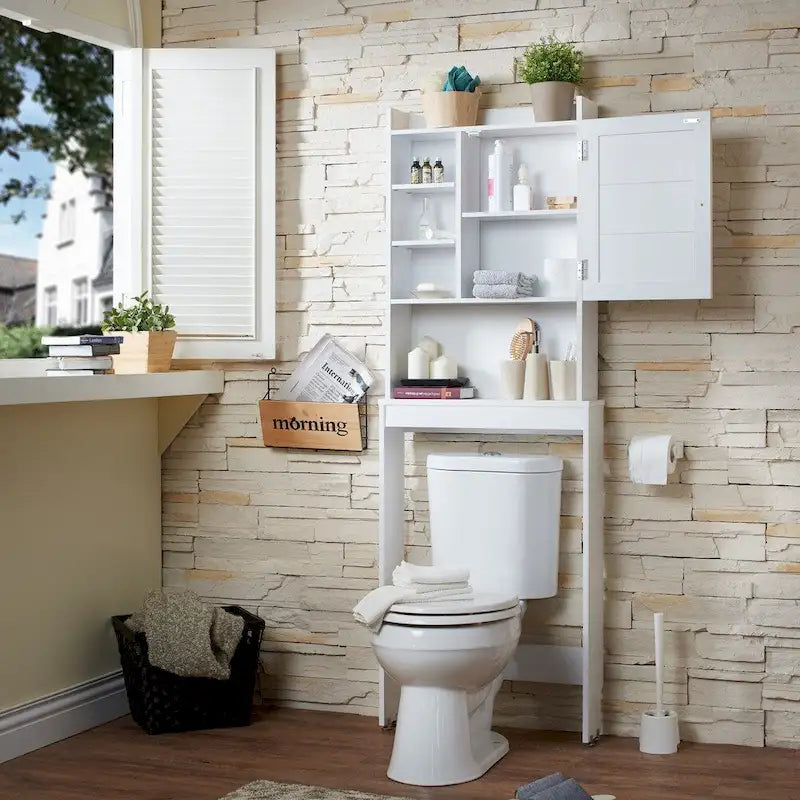 Over-Toilet Space-Saver Cabinet with 7 Shelves – White, MDF & Veneer, 23.5W x 6.5D x 67H in