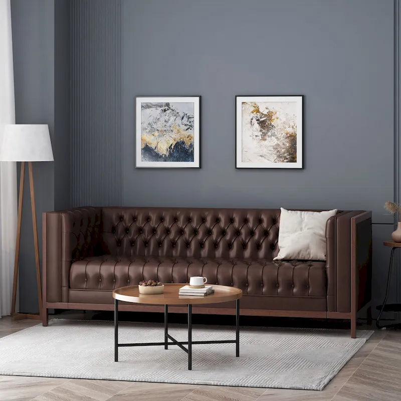 3-Seat Faux Leather Sofa with Button Tufting & Rubberwood Legs – 79W x 29.5D x 29.5H in
