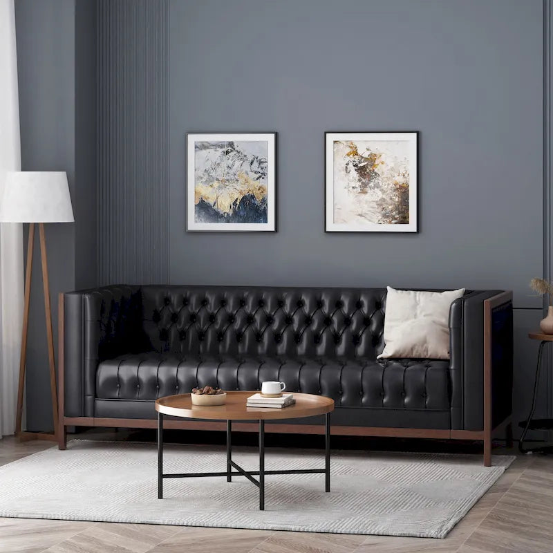 3-Seat Faux Leather Sofa with Button Tufting & Rubberwood Legs – 79W x 29.5D x 29.5H in