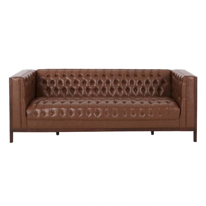 3-Seat Faux Leather Sofa with Button Tufting & Rubberwood Legs – 79W x 29.5D x 29.5H in