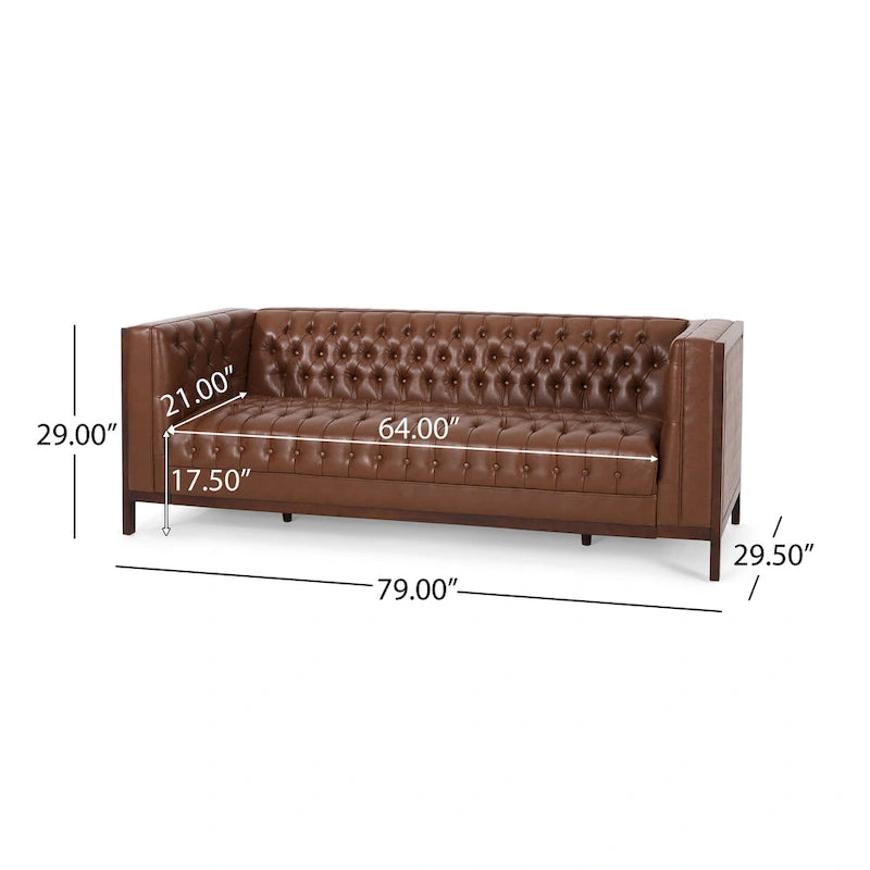 3-Seat Faux Leather Sofa with Button Tufting & Rubberwood Legs – 79W x 29.5D x 29.5H in
