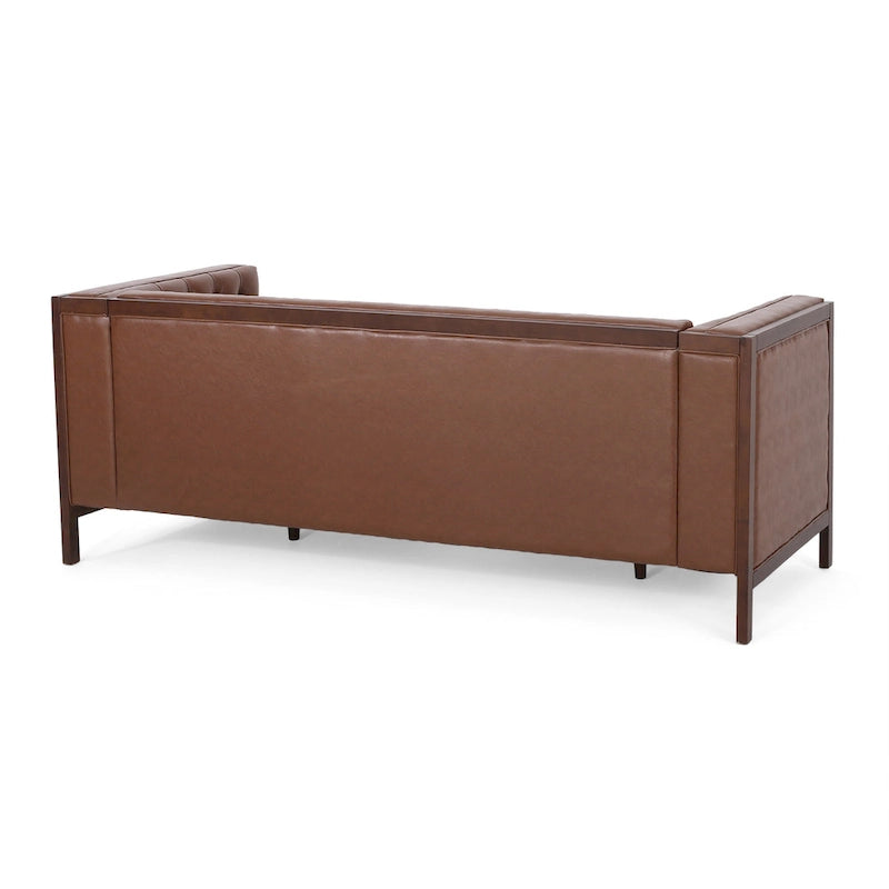 3-Seat Faux Leather Sofa with Button Tufting & Rubberwood Legs – 79W x 29.5D x 29.5H in