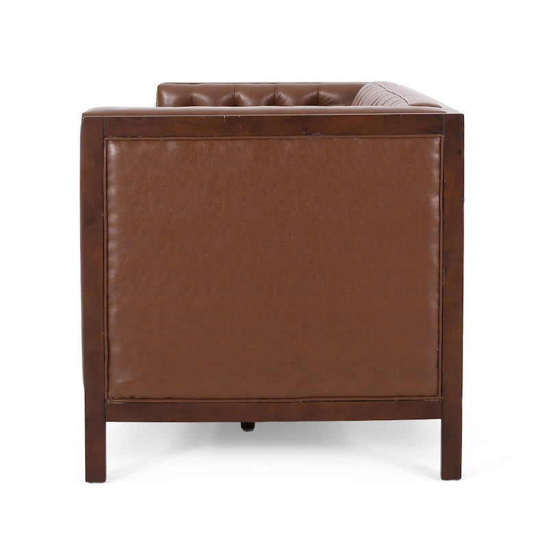 3-Seat Faux Leather Sofa with Button Tufting & Rubberwood Legs – 79W x 29.5D x 29.5H in