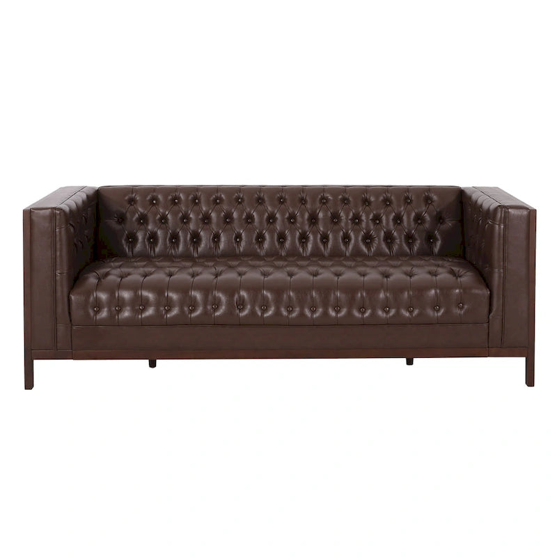 3-Seat Faux Leather Sofa with Button Tufting & Rubberwood Legs – 79W x 29.5D x 29.5H in