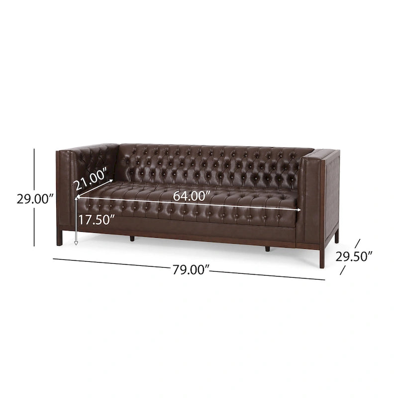 3-Seat Faux Leather Sofa with Button Tufting & Rubberwood Legs – 79W x 29.5D x 29.5H in