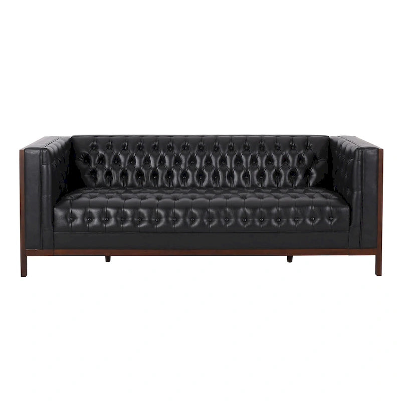 3-Seat Faux Leather Sofa with Button Tufting & Rubberwood Legs – 79W x 29.5D x 29.5H in