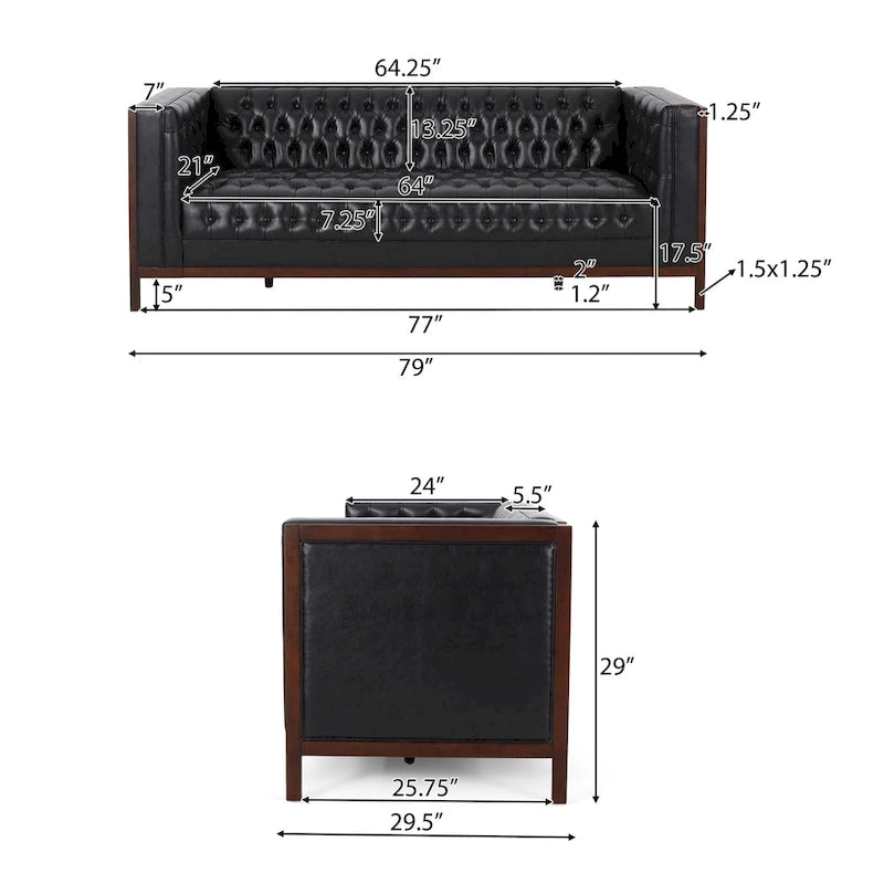 3-Seat Faux Leather Sofa with Button Tufting & Rubberwood Legs – 79W x 29.5D x 29.5H in