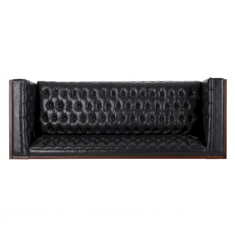 3-Seat Faux Leather Sofa with Button Tufting & Rubberwood Legs – 79W x 29.5D x 29.5H in