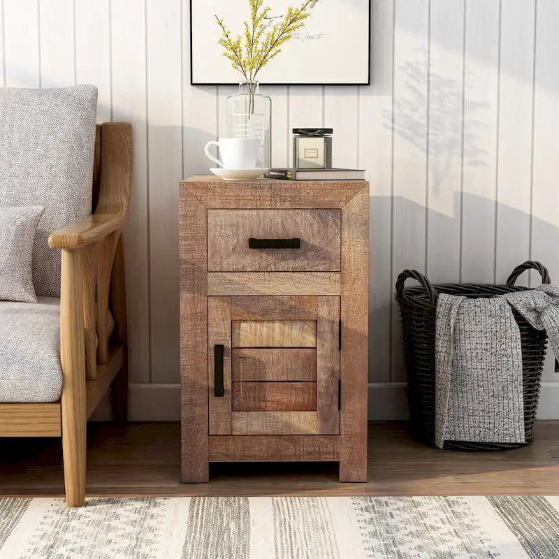 Solid Mango Wood Side Table with Drawer and Cabinet – 15.75L x 22.83W x 25.59H in