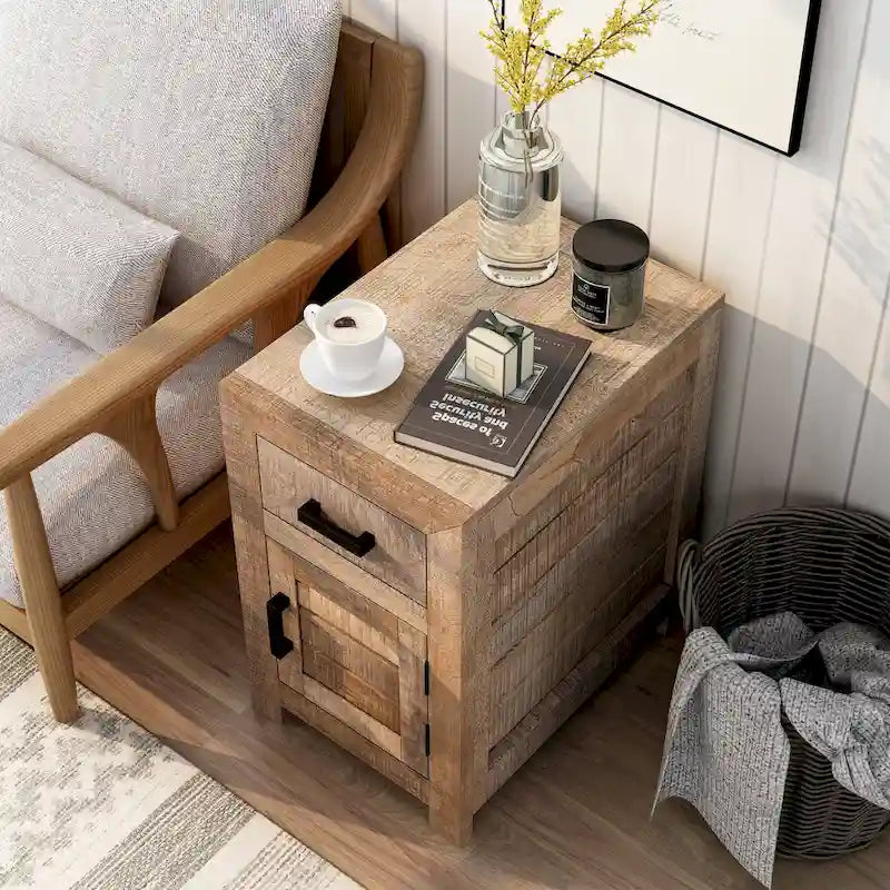Solid Mango Wood Side Table with Drawer and Cabinet – 15.75L x 22.83W x 25.59H in
