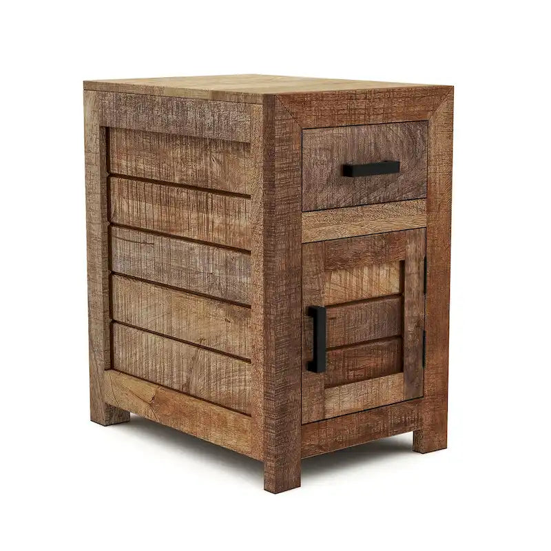 Solid Mango Wood Side Table with Drawer and Cabinet – 15.75L x 22.83W x 25.59H in