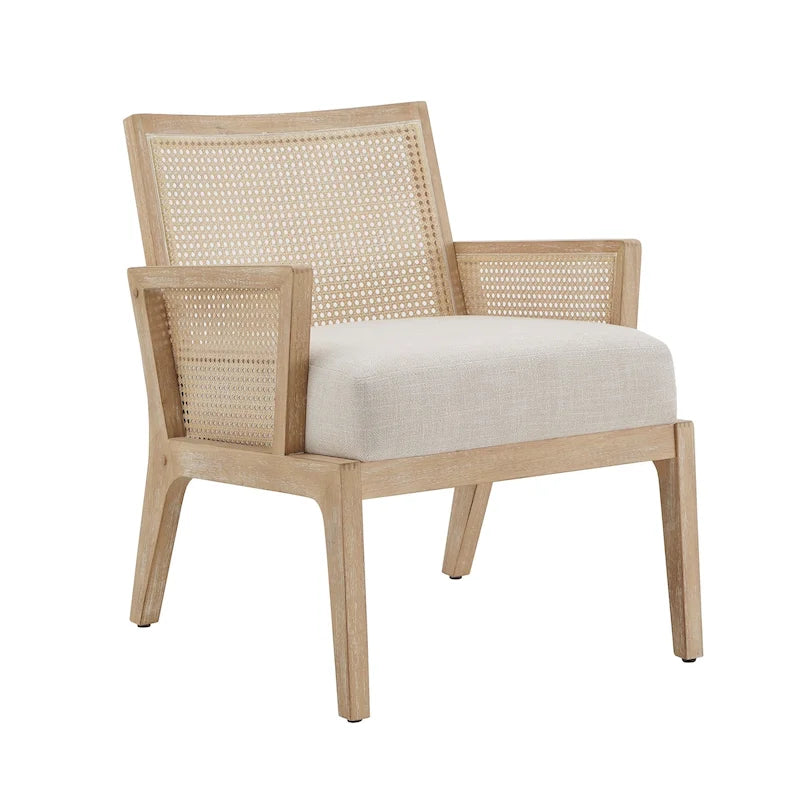 Fabric Cane Accent Chair with Rattan Back – Natural Wood Finish