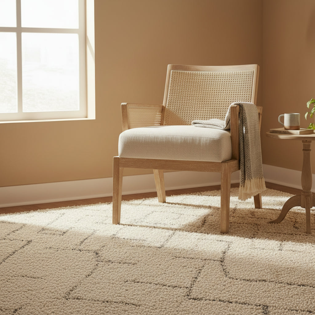Fabric Cane Accent Chair with Rattan Back – Natural Wood Finish