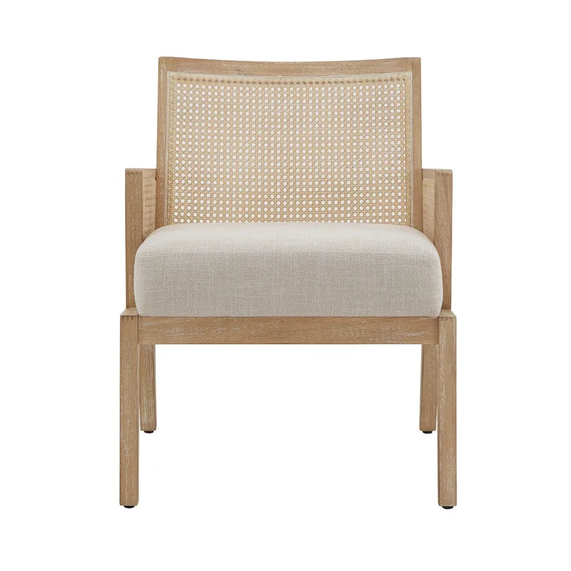 Fabric Cane Accent Chair with Rattan Back – Natural Wood Finish