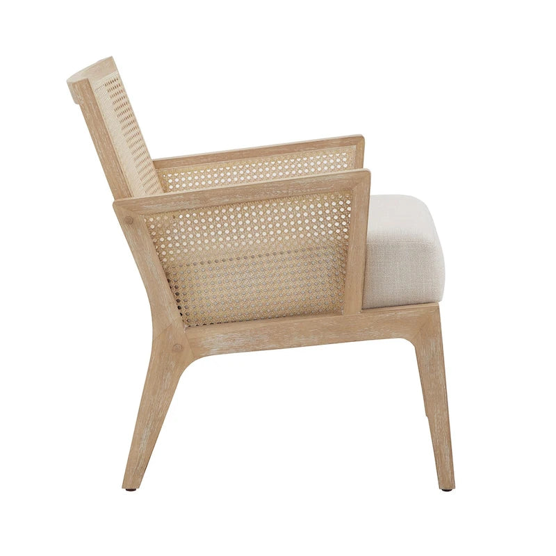 Fabric Cane Accent Chair with Rattan Back – Natural Wood Finish