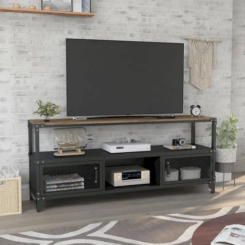 Conner Rustic Black and Dark Walnut 70-inch Steel 2-Shelf TV Console by 